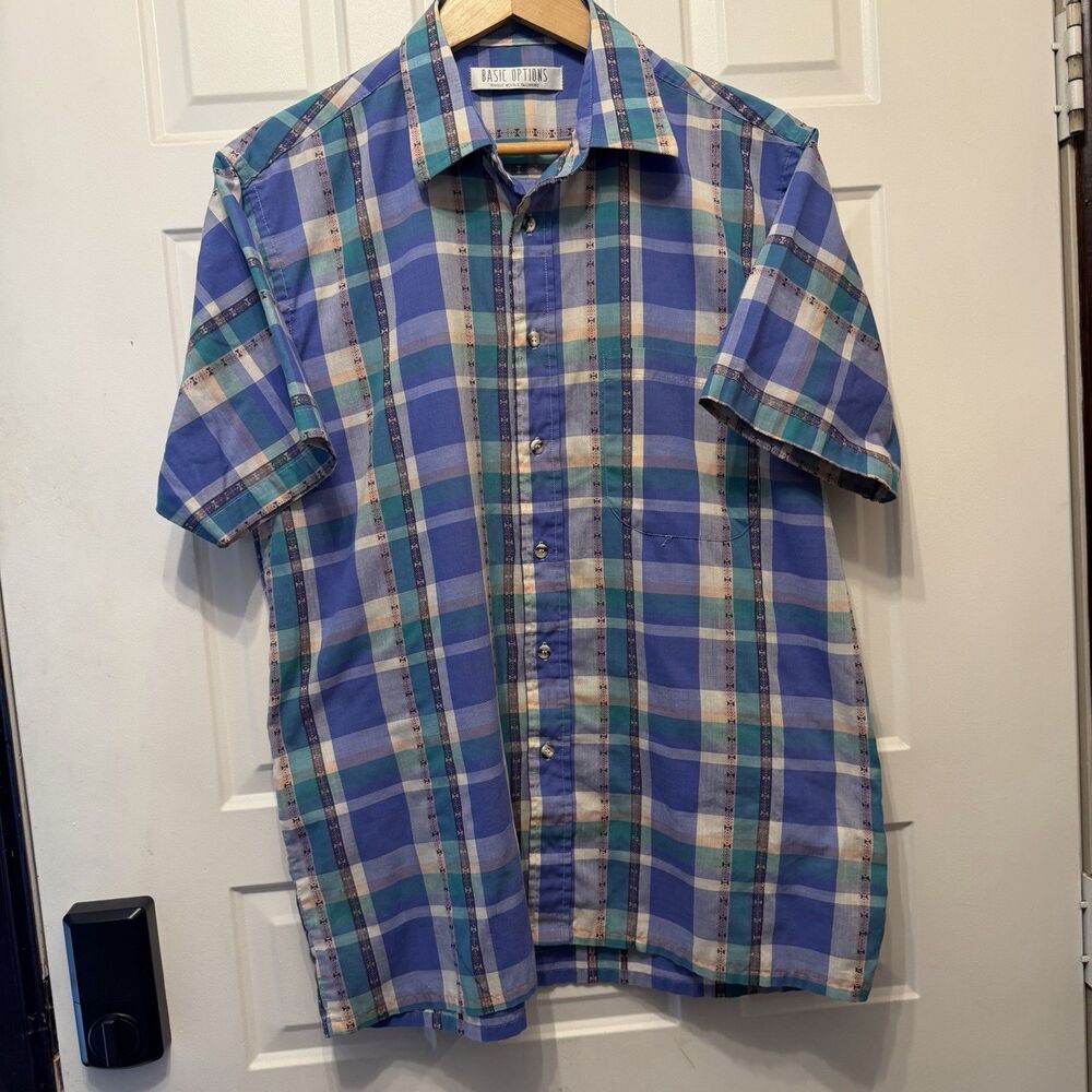 Basic Options Mens Large Plaid Short Sleeve Button Down Shirt Blue Teal Retro